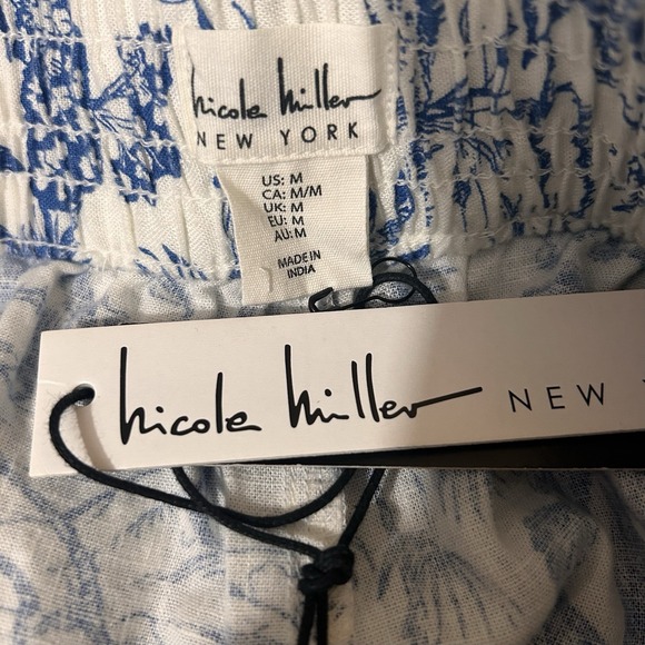 Nicole Miller Pants M White Blue Toile Linen Blend Pull On Resort Vacation - Picture 8 of 9
